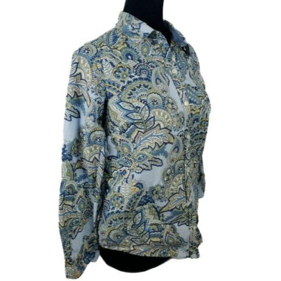 Charter Club Button Front Shirt Womens Size 4P Blue Paisley Boho Long Sleeve - Picture 2 of 7